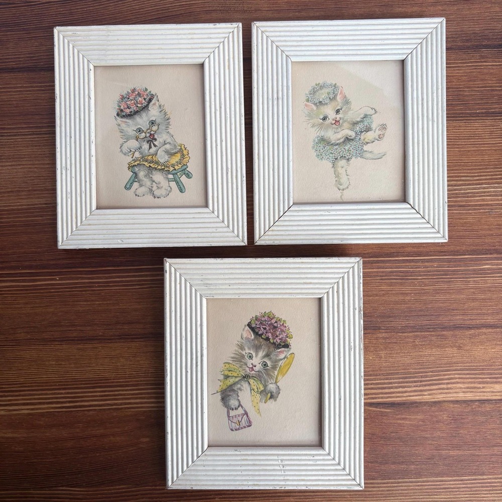 Vintage 1950s Donald Art Co Framed Kitten Prints Set of 3 Shabby Chic Wall Art